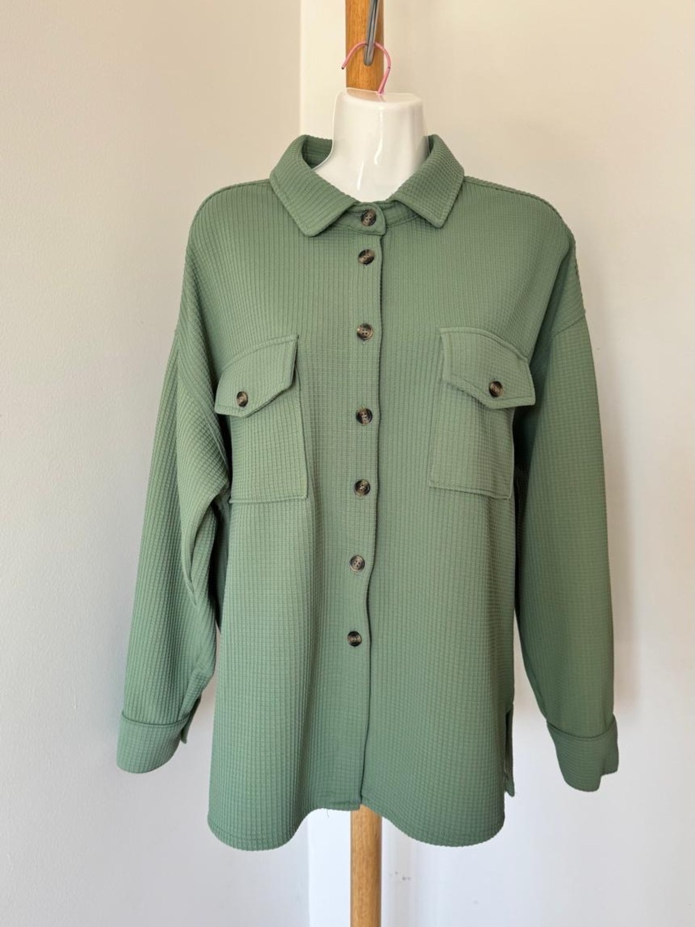 Waffle-Knit Sage Green Button-Down Shirt Jacket